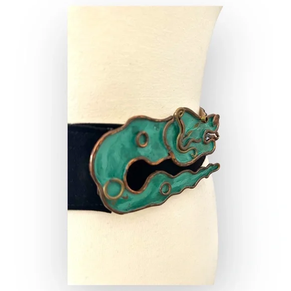 Vintage MCM Hubert Harmon Mayo Mexico Enamel Brass Brutalist Belt Buckle - Picture 3 of 11